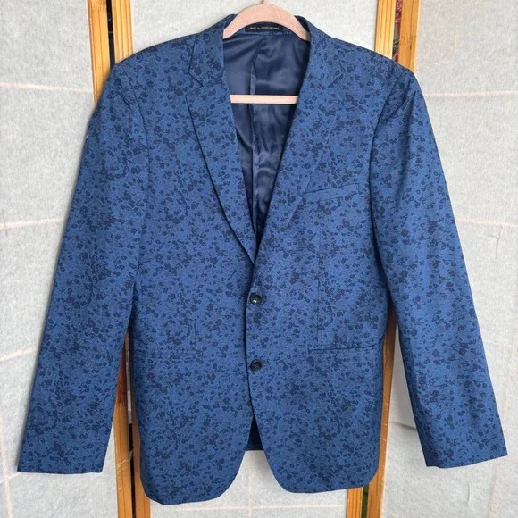 Perry Ellis Portfolio 38R Blue Floral Jacquard Two Button Blazer Jacket Men Slim - Picture 1 of 11